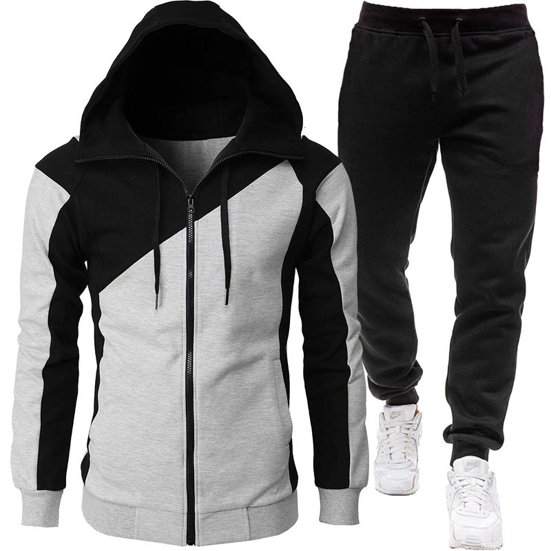 Autumn and winter foreign trade sports two-color splicing coat long men plus fleece thick sports suit two-piece set_voghion.com