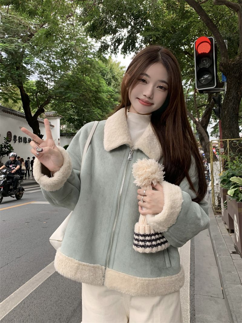 2025 Winter Koreanischen Stil High-End Hellblau Revers Kurzen Lamm Wolle Mantel Für Frauen, Schaffell Integrierte Jacke Top_voghion.com