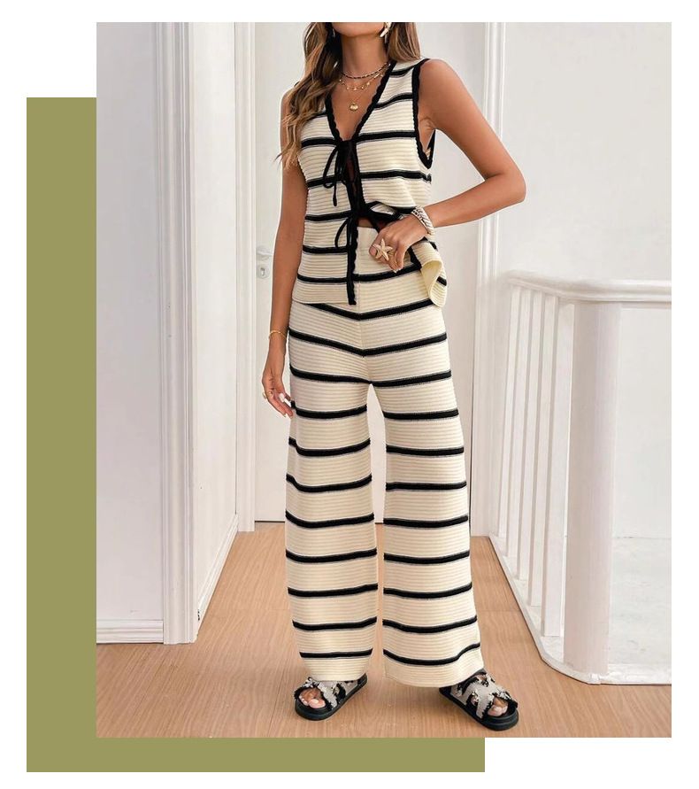 Dámské oblečení Dámský pletený kalhotový oblek bez rukávů s předním zavazováním, letní ležérní outfit_voghion.com