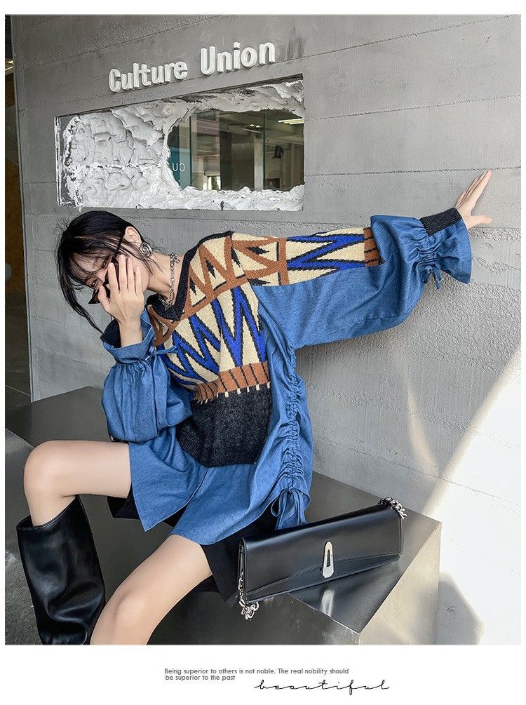 Maglione in denim patchwork in due pezzi in stile europeo da donna, top lavorato a maglia con scollo a V largo per primavera e autunno_voghion.com