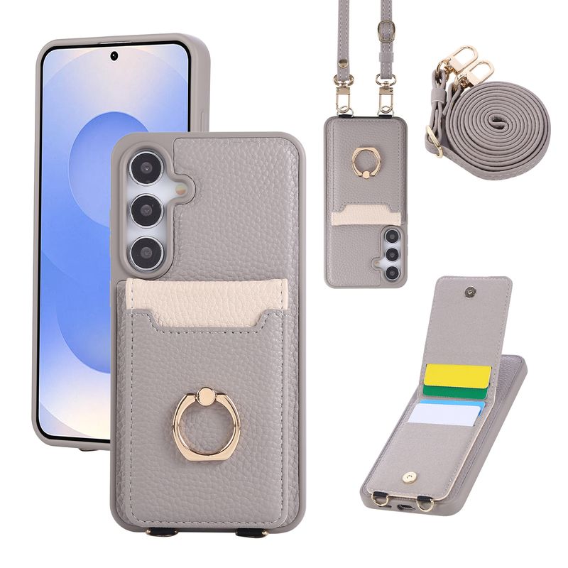 Adatto per Samsung S25 Ultra Custodia in pelle per cellulare con slot per schede S24 S23 Custodia per cellulare con anello con motivo a litchi e cordino_voghion.com