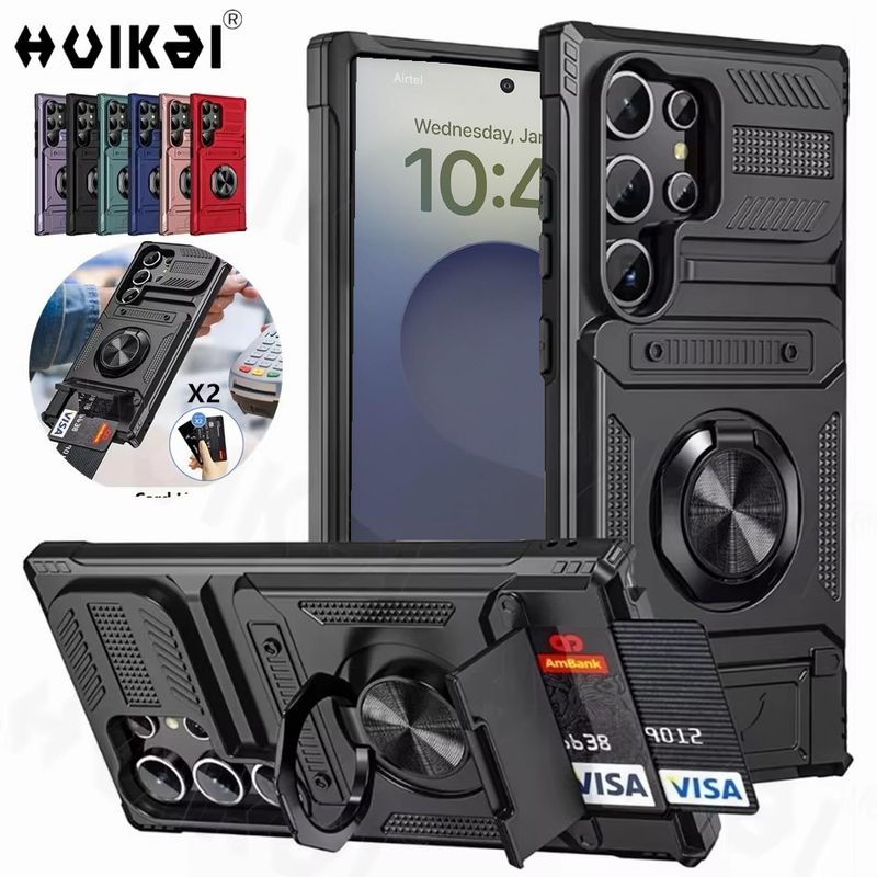 For Samsung Galaxy S25 Ultra S24 Plus S23 A56 A36 A55 Card Holder Rotated Ring Kickstand Layer Heavy Shockproof Wallet_voghion.com