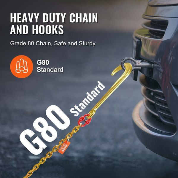 5/16'x6' G80 Tow Chain 15' J Hook Long Shank RTJ & Grab Hooks Wrecker Tie_voghion.com