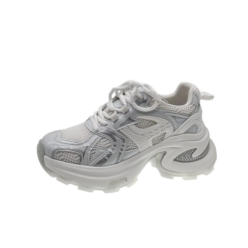 Sapatos femininos de sola grossa prateados para mulheres, primavera e verão, novos sapatos respiráveis que aumentam a altura, tendência de caminhada casual_voghion.com
