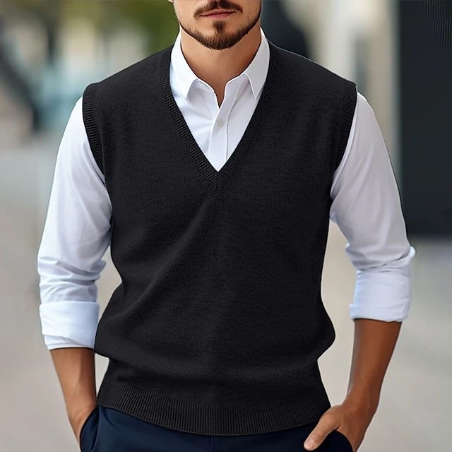 Herren Wollweste Lässig Einfarbig V-Ausschnitt Ärmellos Strickpullover Pullover Vier Jahreszeiten Weste Hemd Herren_voghion.com