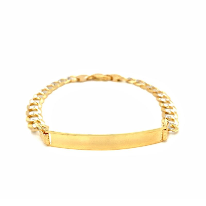 14k Two Tone Gold 8 1/2 inch Mens Narrow Curb Chain ID Bracelet with White Pave_voghion.com