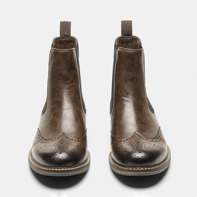 Men's Retro Chelsea Boots With Elastic Gore & Brogue Detailing – Classic Round-Toe Ankle Boots For Casual Wear_voghion.com