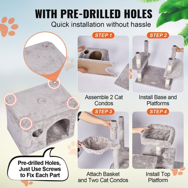 Cat Tree 68.5' Cat Tower With Cat Condos Sisal Scratching Post Light Grey_voghion.com