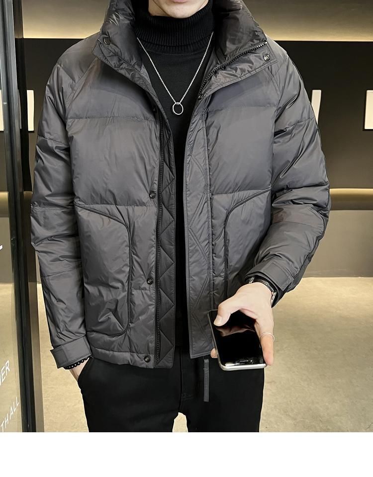Herren Leichte Kurze Daunenjacke mit Kapuze Winter Warmer Parka Lässiger Slim Fit Schwarz Grau Wasserabweisendes Polyester_voghion.com