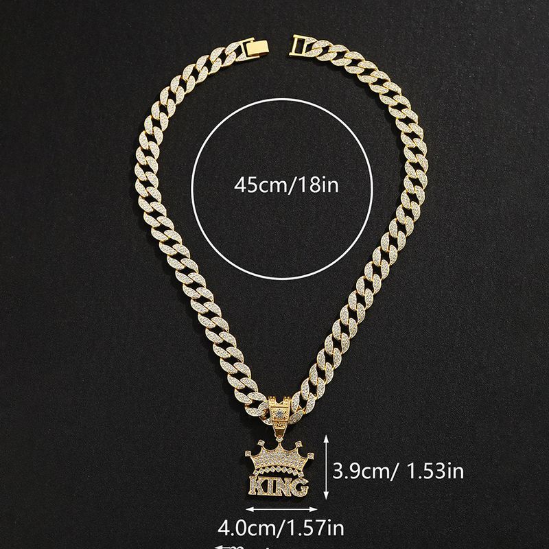Men's Hip Hop Full Dia Crown Letter KING Pendant Street Trend Cool Alloy Necklace Accessories Men_voghion.com