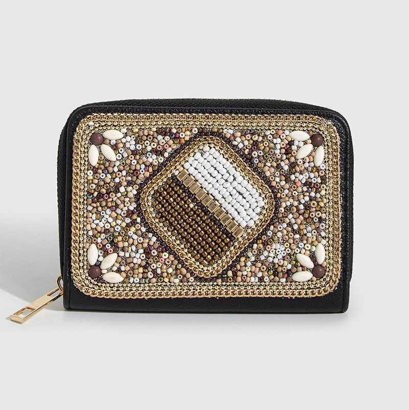Geldbörse, Brieftasche, Clutch, böhmischer Stil, Reisperlen, Schmetterlingsblumen, exquisite Pu-Reißverschluss-Kartentasche, kleine Geldbörse, Geldbörse für Damen_voghion.com