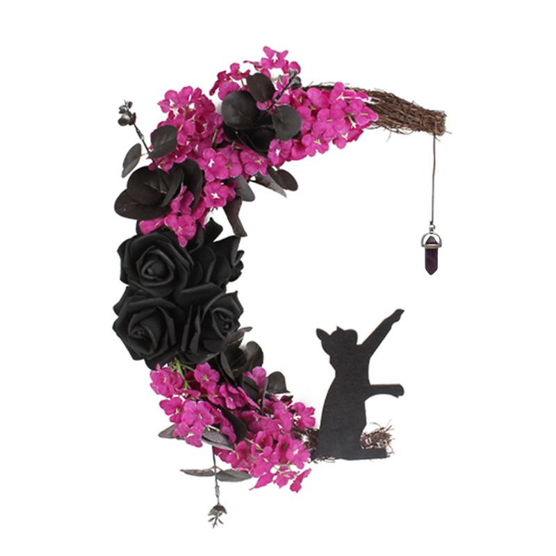 2022 new Crescent cat wreath door hanging creative Halloween simulation plant rattan ring home decoration wall hanging_voghion.com