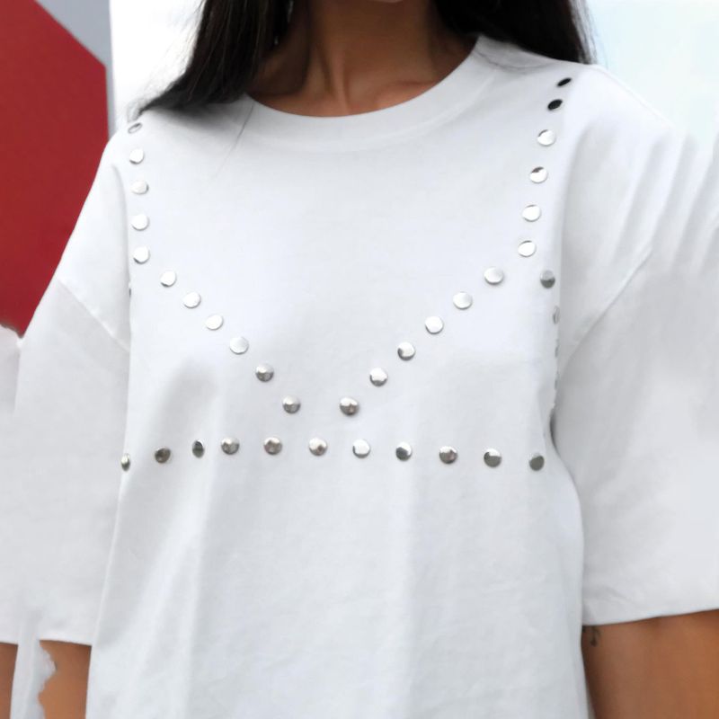 Shi Ying Summer New Rivet Loose Top Donna Solido Girocollo Bikini Design Grande Edizione T-shirt_voghion.com