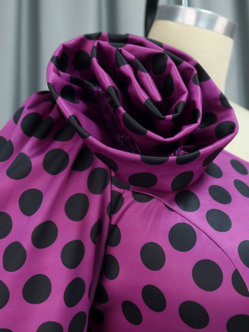 Polka Dot One Shoulder Slant Collar Jumpsuit Plus Size Three-Dimensional Flower Women's Jumpsuits_voghion.com