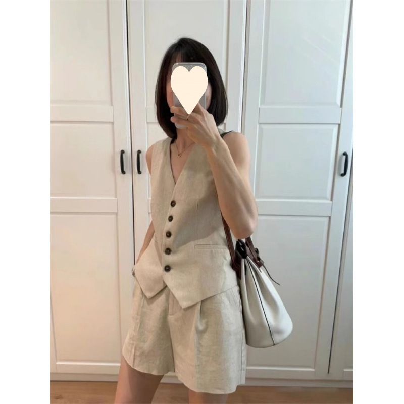 Ensemble deux pièces pour femme, short et veste blazer élégante sans manches en coton et lin, style été 2025_voghion.com