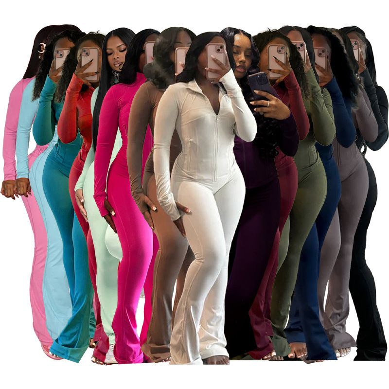 Women's Sexy Flared Pants Set – Stretchy Long-Sleeve Tracksuit (90% Polyester, Slim Fit, High Waist, Solid Colors, S-XXL, Workout & Streetwear)_voghion.com
