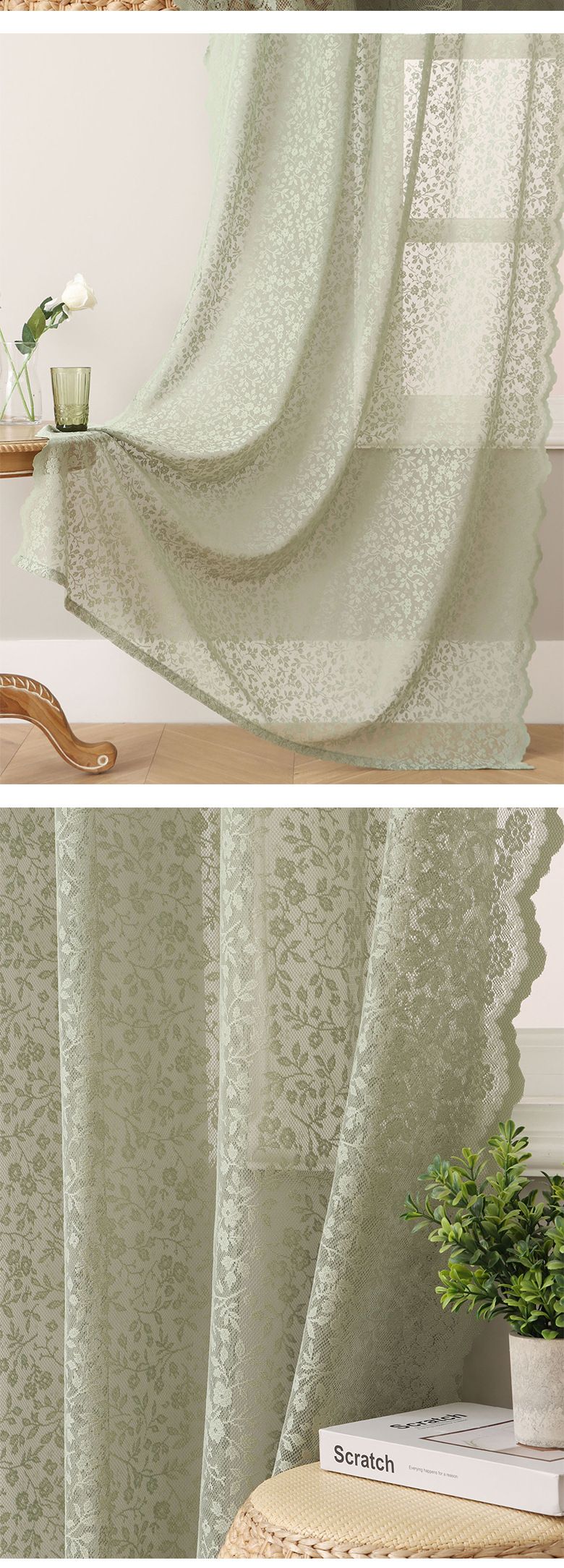 Durchsichtige Vorhänge im französischen Stil in Matcha-Grün – Lichtfilternder Sichtschutz aus Voile für Wohnzimmer und Schlafzimmer (fertig konfektioniert, halbtransparent, cremefarben)_voghion.com