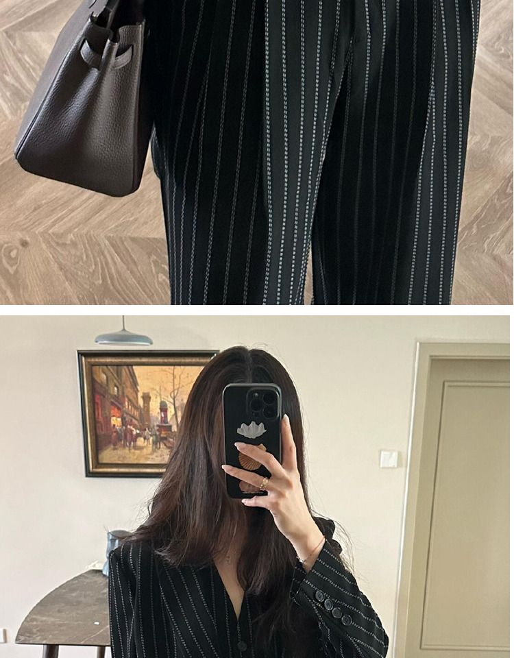 Early Autumn Old Money Style Loose Black Striped High Intelligence Suit Vest Wide-Leg Pants Three-Piece Set For Women_voghion.com