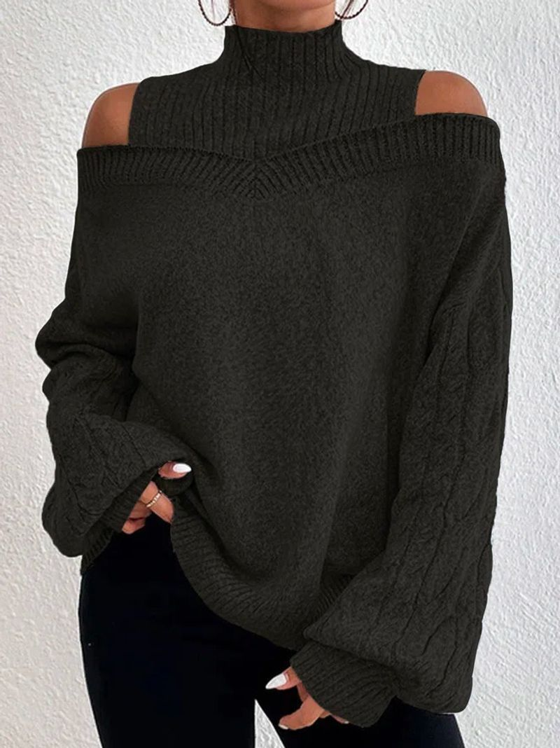 Damenmode, schulterfreier, halber Rollkragenpullover, locker gestrickt_voghion.com