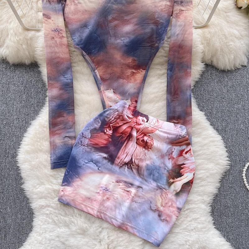 Women's Pure Desire Style Tight Chiffon Long-sleeved Jumpsuit + High Waist Hip Hot Girl Short Skirt Two-piece Suit Female Summer_voghion.com