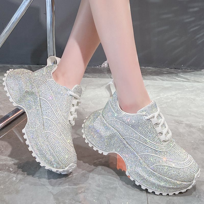 Modische Damen-Sneaker mit Strasssteinen – klobige Plateauschuhe für mehr Körpergröße, atmungsaktives Obermaterial aus PU, lässige und trendige Low-Top-Schnürschuhe_voghion.com