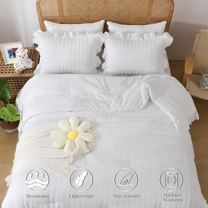Steppdecken-Set, weiß, gerüscht, Seersucker, Fettsteppdecke, Chemiefaser-Steppdecke, dreiteiliges Set_voghion.com