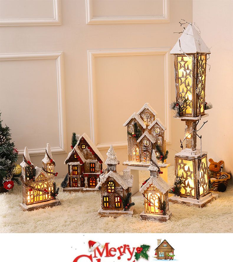 Büyülü Karlı Kulübe Noel Dekoru - Şenlikli Masa Üstü Sergilemesi İçin LED Işıklı Parlayan Ahşap Köy Evi_voghion.com