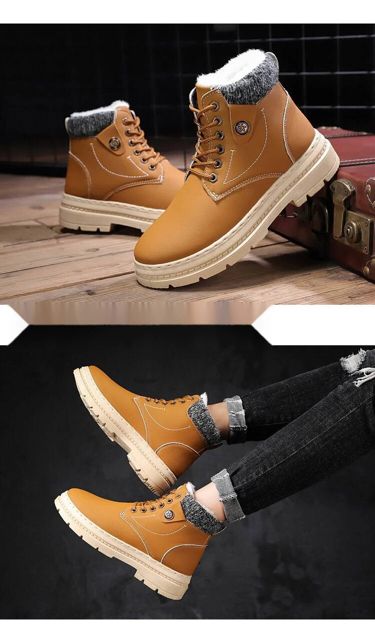 Pelúcia de neve de inverno e isolamento grosso, botas curtas casuais masculinas Martin, cano alto à prova d'água,_voghion.com