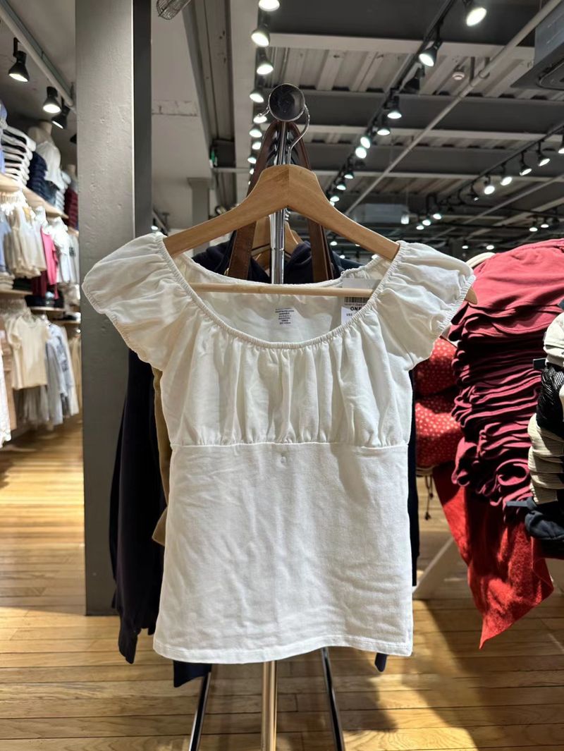 hot selling Sweet White Folds Slim Tees Haruku Cute Scoop Neck Soft Cotton Puff Sleeve T-shirts Vintage Solid Summer Balletcore Tops_voghion.com