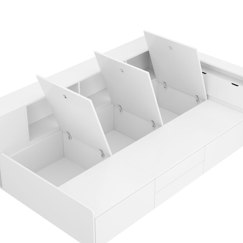 Lit enfant 90 x 200 cm, lit simple multifonction avec tiroirs de rangement, bibliothèque, armoire de rangement et compartiment de rangement sous le siège, blanc, matelas non inclus._voghion.com