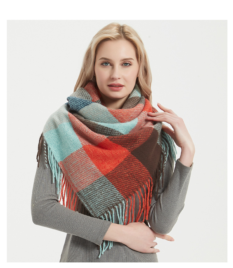 Women's Scarves new style polyester bristle long tassel plaid square scarf _voghion.com