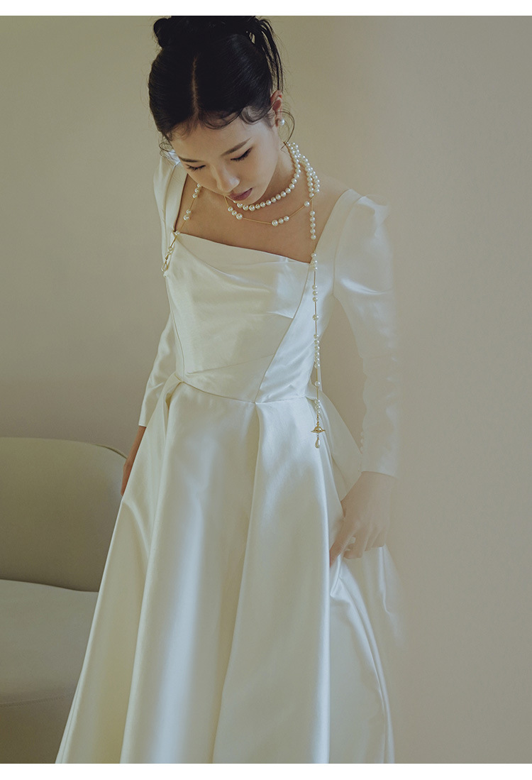 Satin-Hochzeitskleid Braut 2024 neues französisches einfaches Retro-Langarm-Hochzeitskleid Nischen-Willkommens-Abendkleid_voghion.com