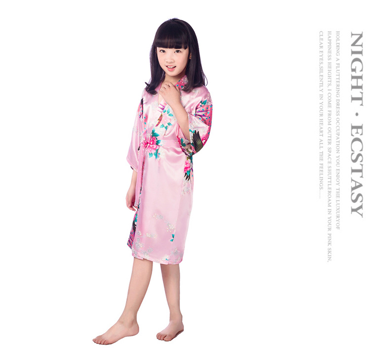Peacock Peony Printed Children's Nightgown, Summer Girl Long Ice Silk Thin Style, Home Bathrobe Cardigan Design--Size 6 (90-100cm)_voghion.com
