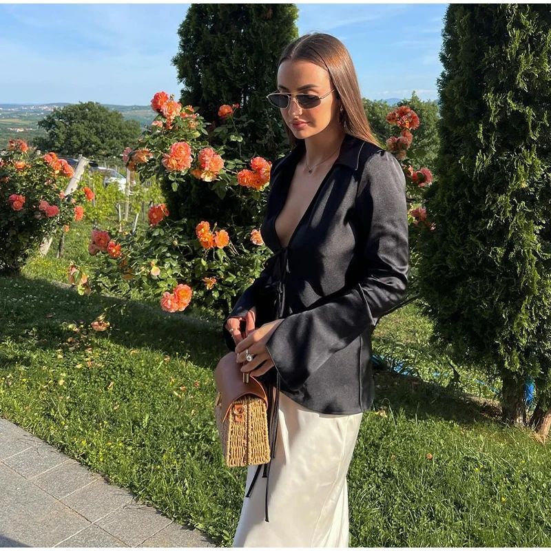 Elegante camicetta in raso con fiocco per donna – Camicia in poliestere elegante e comoda con maniche lunghe e colletto classico_voghion.com