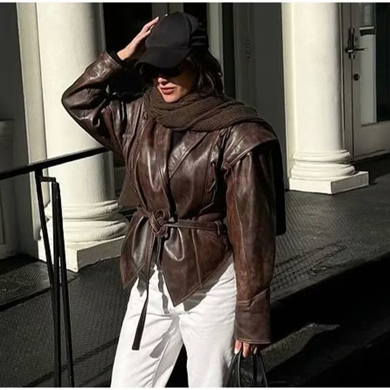 Ropa de mujer Primavera y otoño Nueva Chaqueta de cuero de un solo pecho con cinturón y cuello de fruta verde retro que combina con todo_voghion.com