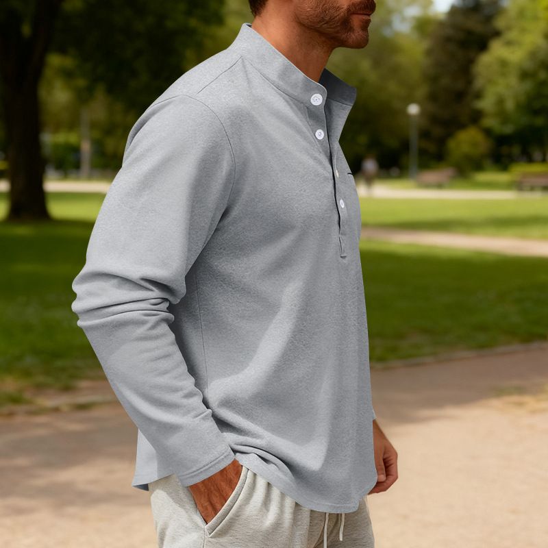 Maglia Henley da uomo in twill pesante - Maniche lunghe con collo alto, strato di base per autunno e inverno (blu tibetano, nero, albicocca, grigio scuro, bianco)_voghion.com
