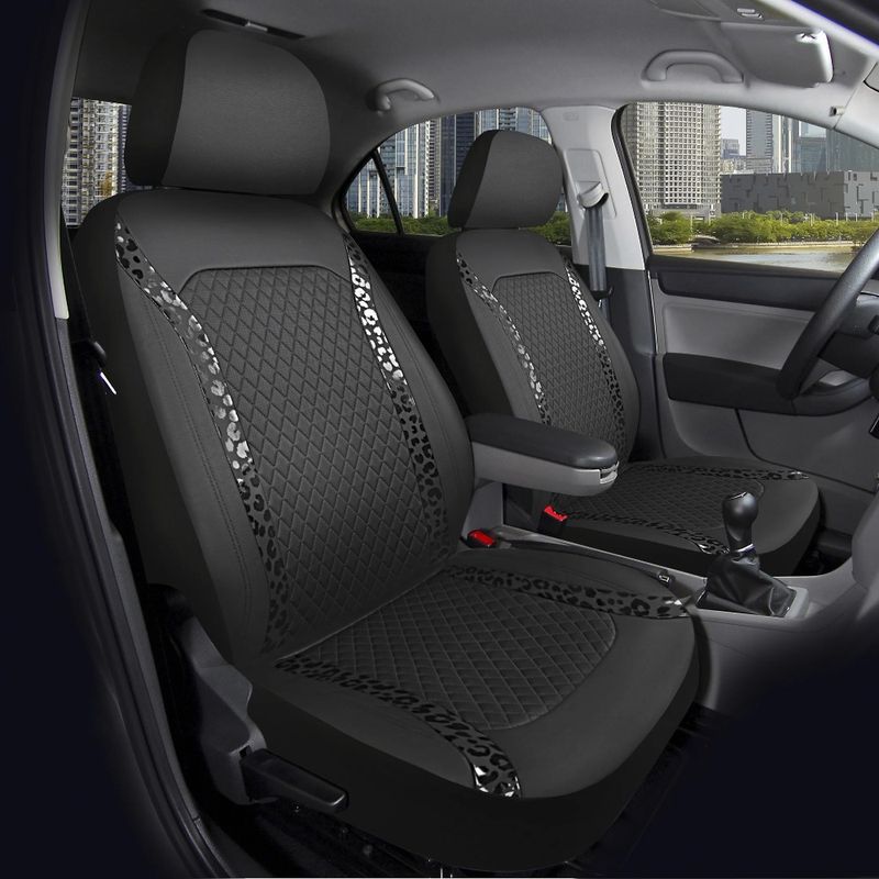 Confezione da 2 coprisedili per auto in pelle nera premium con dettagli leopardati - Vestibilità universale per la protezione dell'auto_voghion.com