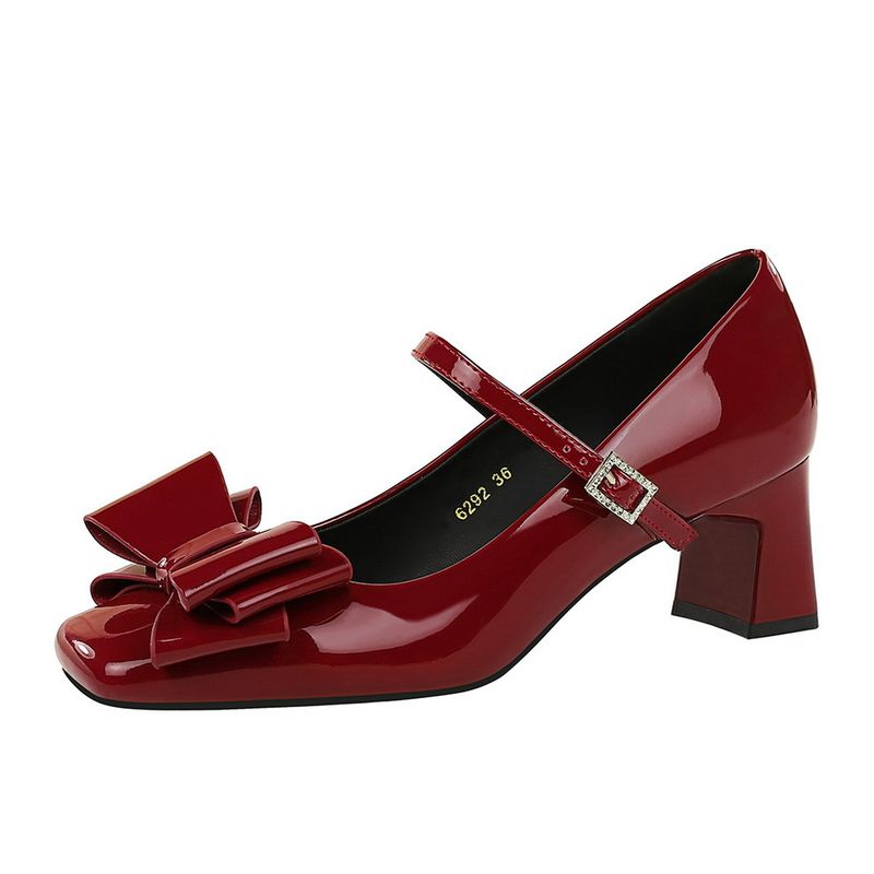 6292-H87 French Style Banquet Bow Patent Leather Chunky Heel Mary Jane Women's Square Toe Strap Shallow Mouth Single_voghion.com
