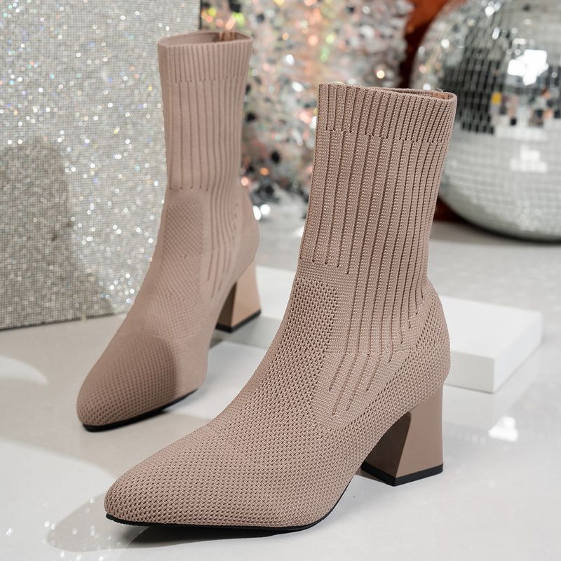 2025 Autumn Winter New Chunky Ankle Pointed Toe Stretch Sock High Heel Fashion Single Boots_voghion.com