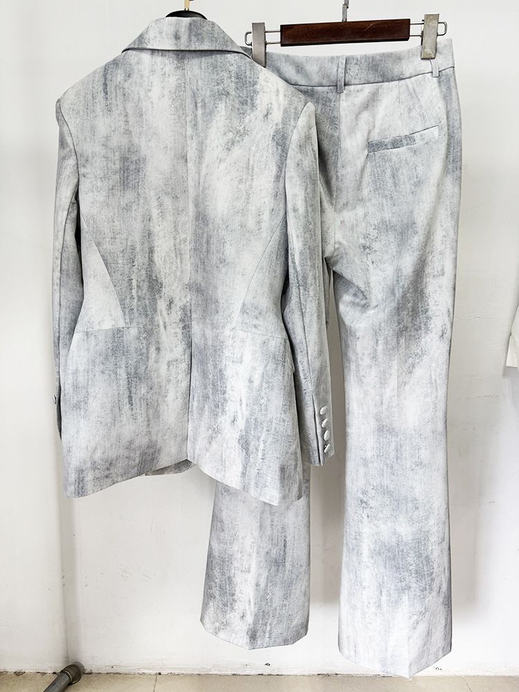 Vêtements pour femmes début du printemps, nouveau costume slim à imprimé tie-dye, mi-long, veste, pantalon, costume deux pièces_voghion.com