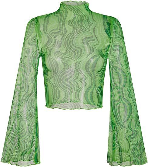 Top corto da donna con maniche a campana in rete floreale, colletto arricciato e orlo a lattuga_voghion.com