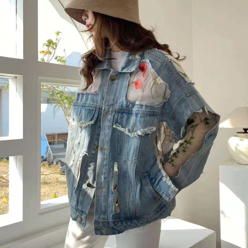 Chaqueas Mujer Yaz Bahar Pantolon Nakış Dantel Pachwork Seksi Denim Jacke Kadın Yıpranmış Püskül Gevşek Kot_voghion.com