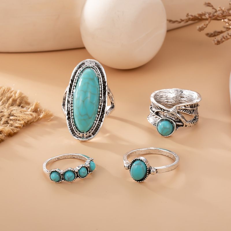 New Combination Bohemian Feather Large Turquoise 4-Piece Set Ring_voghion.com