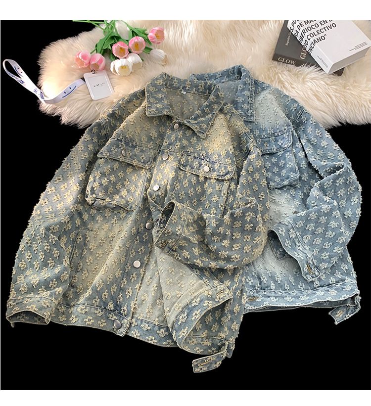 Herrenbekleidung Modemarke Retro Washed Distressed Jacquard Jeansjacke Lockere, lässige, vielseitige Paarjacke mit Volldruck_voghion.com