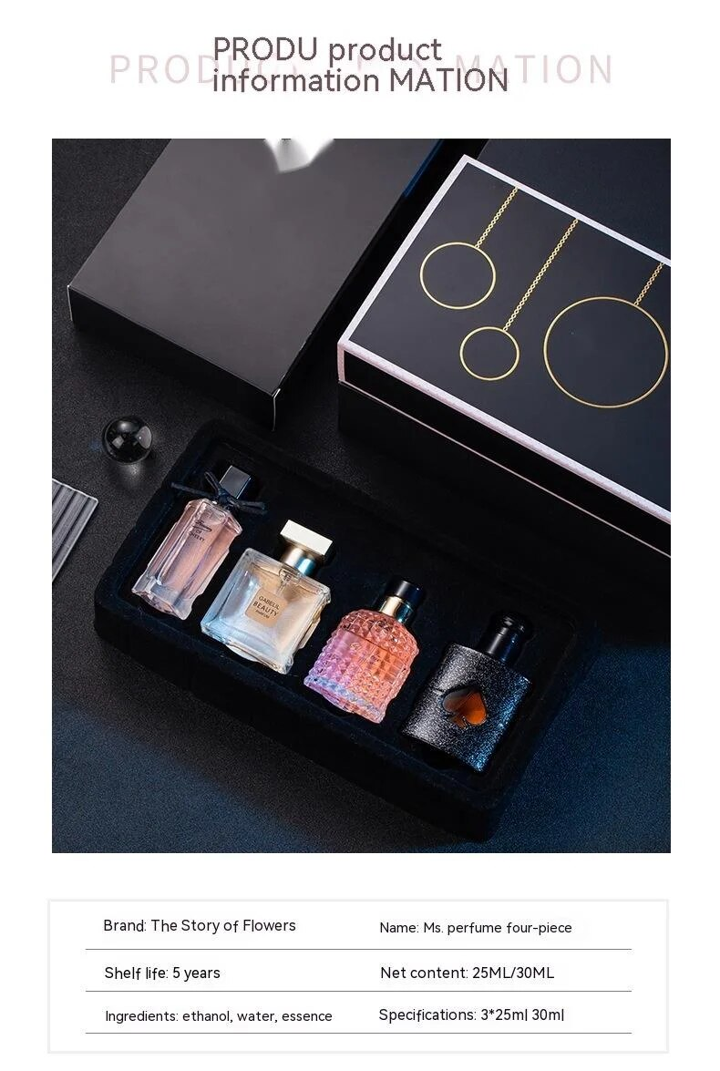 Jauna parfimērijas dāmu smaržu dāvanu kastīte četrdaļīgs ziedu stāsts par smaržām, ilgstoši noturīgs aromāts, ieteikt parfimērijas dāmu_voghion.com