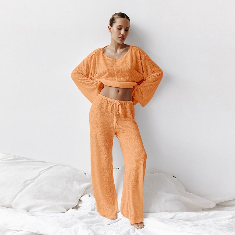 Women's sexy fashion knitted white round neck long sleeved pajamas trousers suit foreign trade soft skin friendly home clothes for women_voghion.com