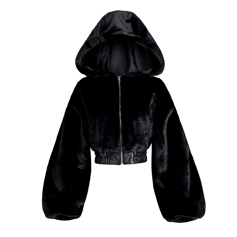 Kurze Damenjacke mit Kunstpelzkapuze – Streetstyle-Mantel mit hoher Taille und kuscheligem Fleecefutter (Weiß/Schwarz, S/M/L)_voghion.com