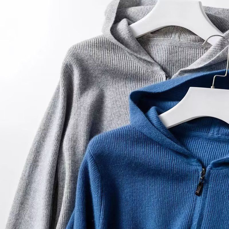 Men's Cashmere Hooded Cardigan – Soft Knit Zipper Sweater (Light Blue/Black/Grey/Dark Blue, Sizes M-3XL)_voghion.com