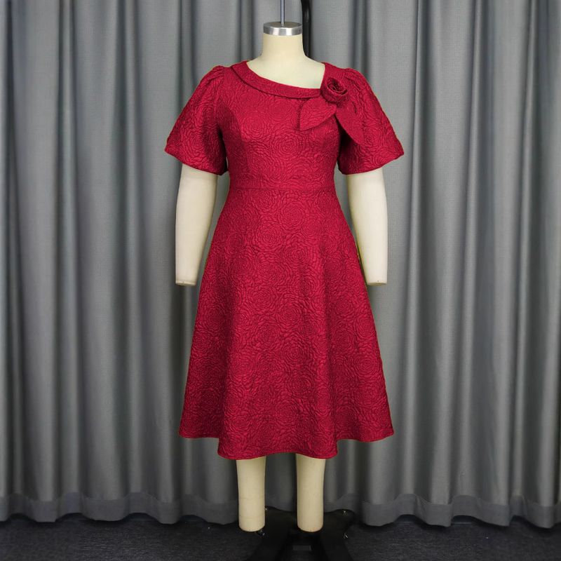 Vestido elegante plus size com mangas bufantes – jacquard floral de cintura alta, decote assimétrico, poliéster elástico (confortável para a noite e para o escritório)_voghion.com