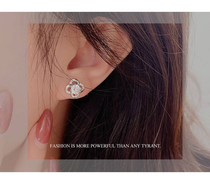 Sier needle four leaf clover wer shaped fashionable temperament micro dia elegant female earrings_voghion.com